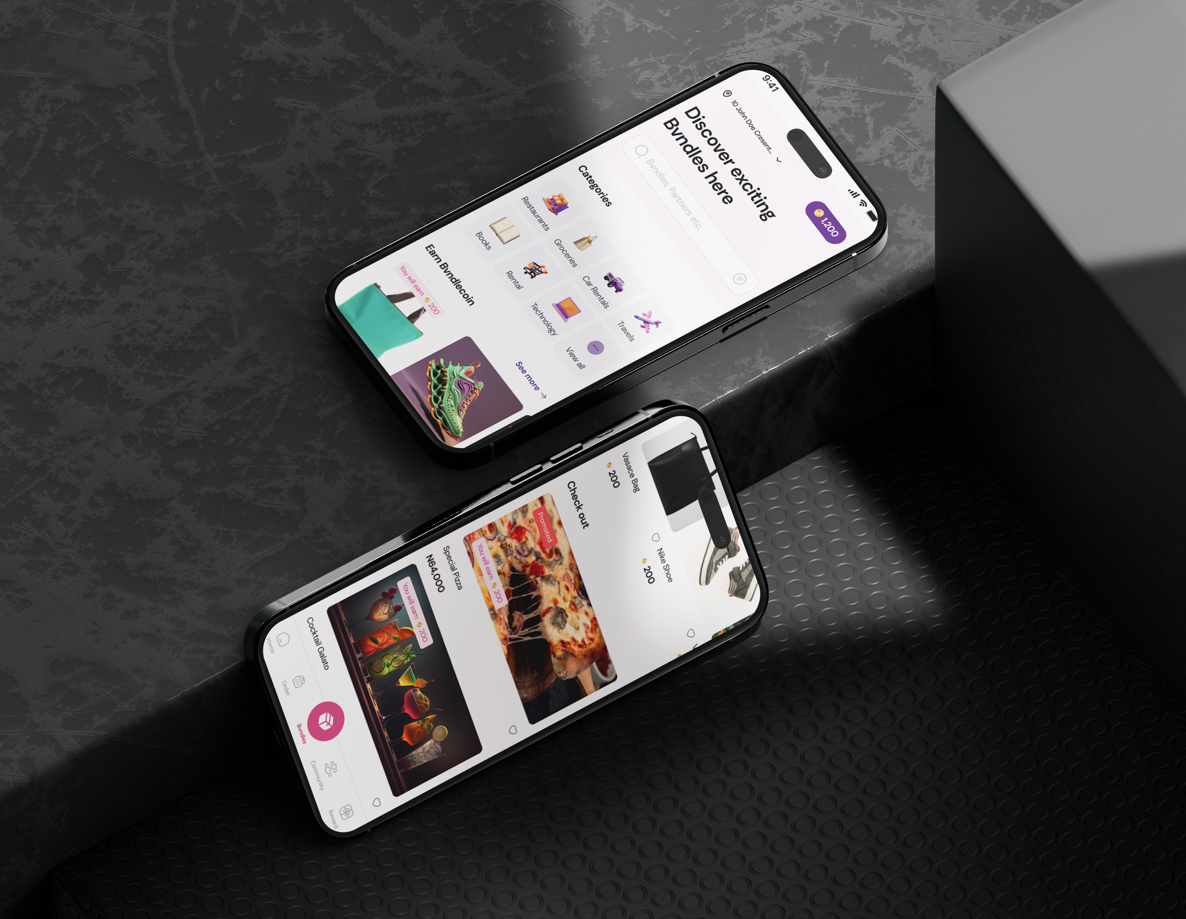 Bvndle application mockups showing the home screen and a few bvndles available for checkout