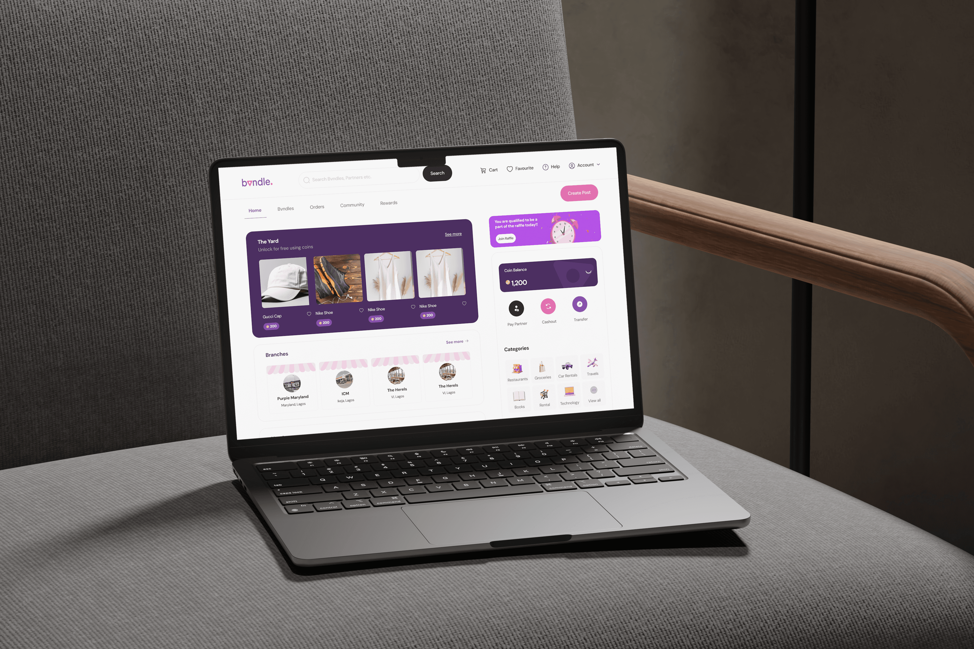 Bvndle web application mockups showing the home screen and a few bvndles available for checkout