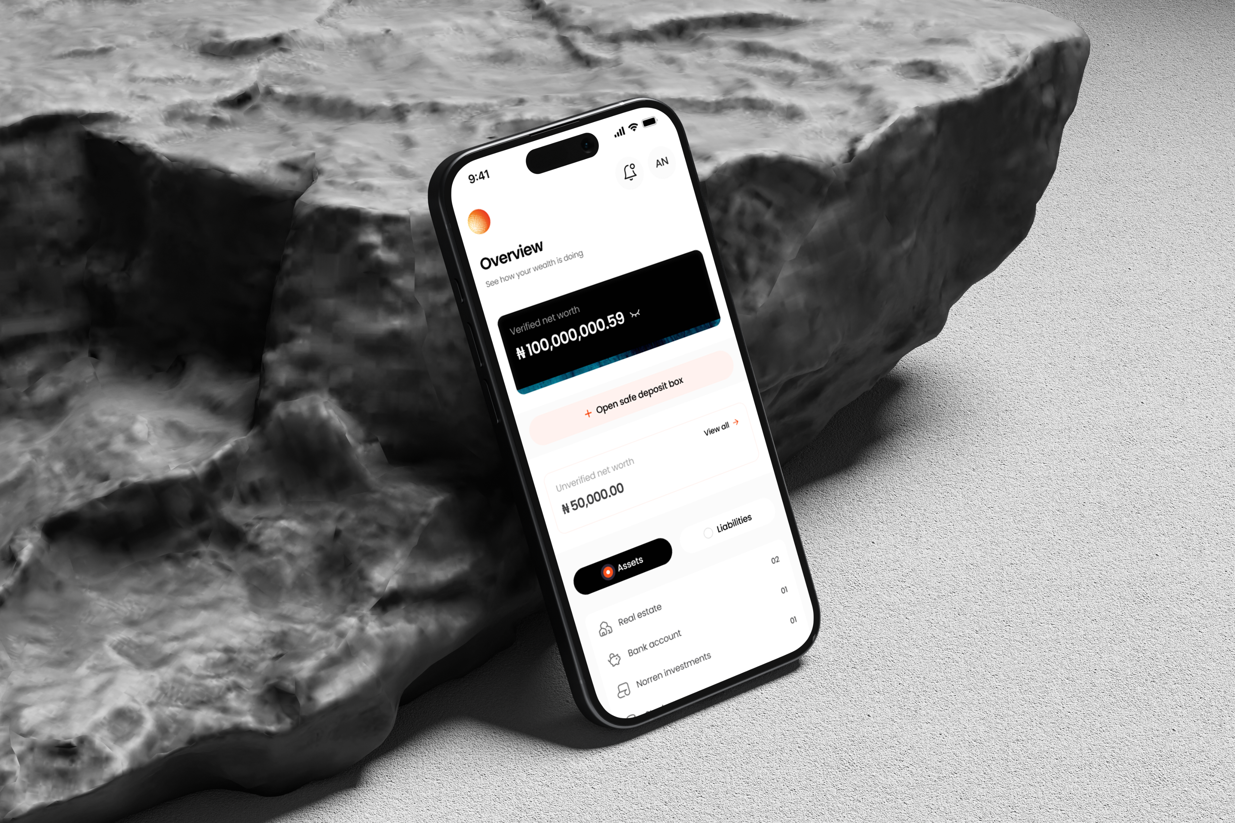 Iwealth mobile application mockups showing the home screen