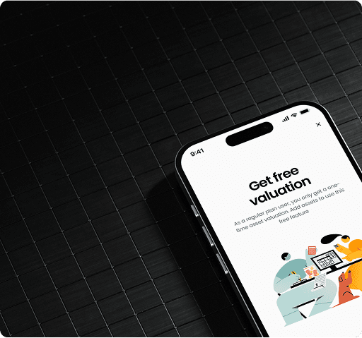 Iwealth mobile application mockups showing the a prompt to get free valuation